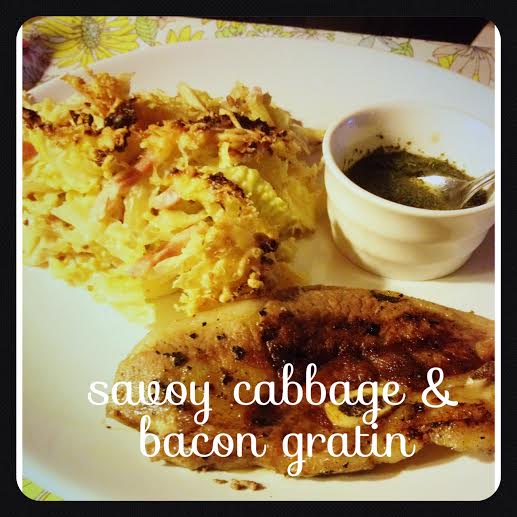 Savoy cabbage and bacon gratin